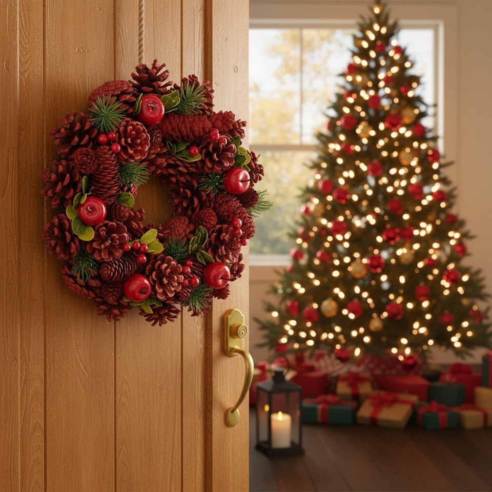 image 1 of Christmas Wreath Festive Decoration with Jute Hanger Traditional Pinecone Decor | Multi | Red, Apple & Berry | 34cm | 1