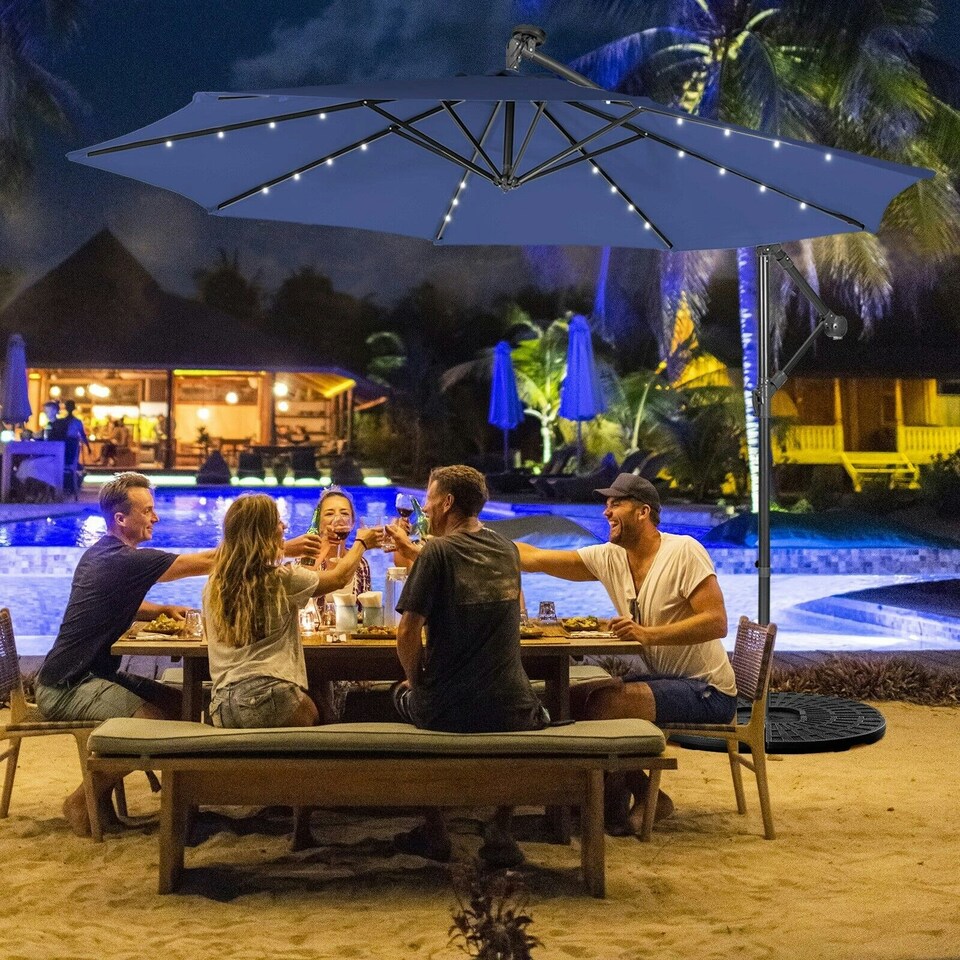 image 1 of COSTWAY 10FT Cantilever Parasol Patio Offset Umbrella LED Lights Blue