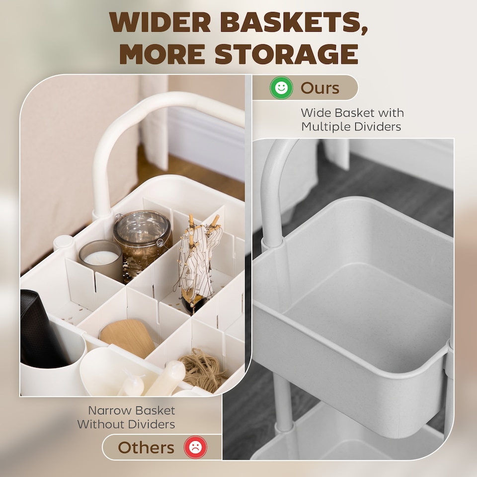 image 1 of HOMCOM 3-Tier Utility Cart, Rolling Serving Trolley with Baskets, White