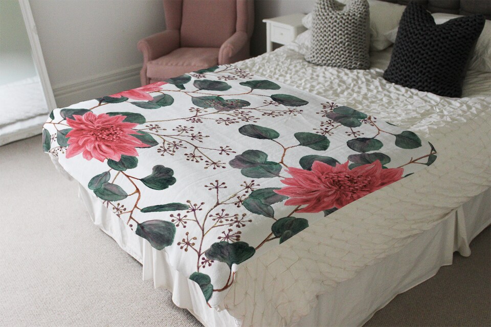 image 1 of Red Flowers Green Leaves Blanket | Multi