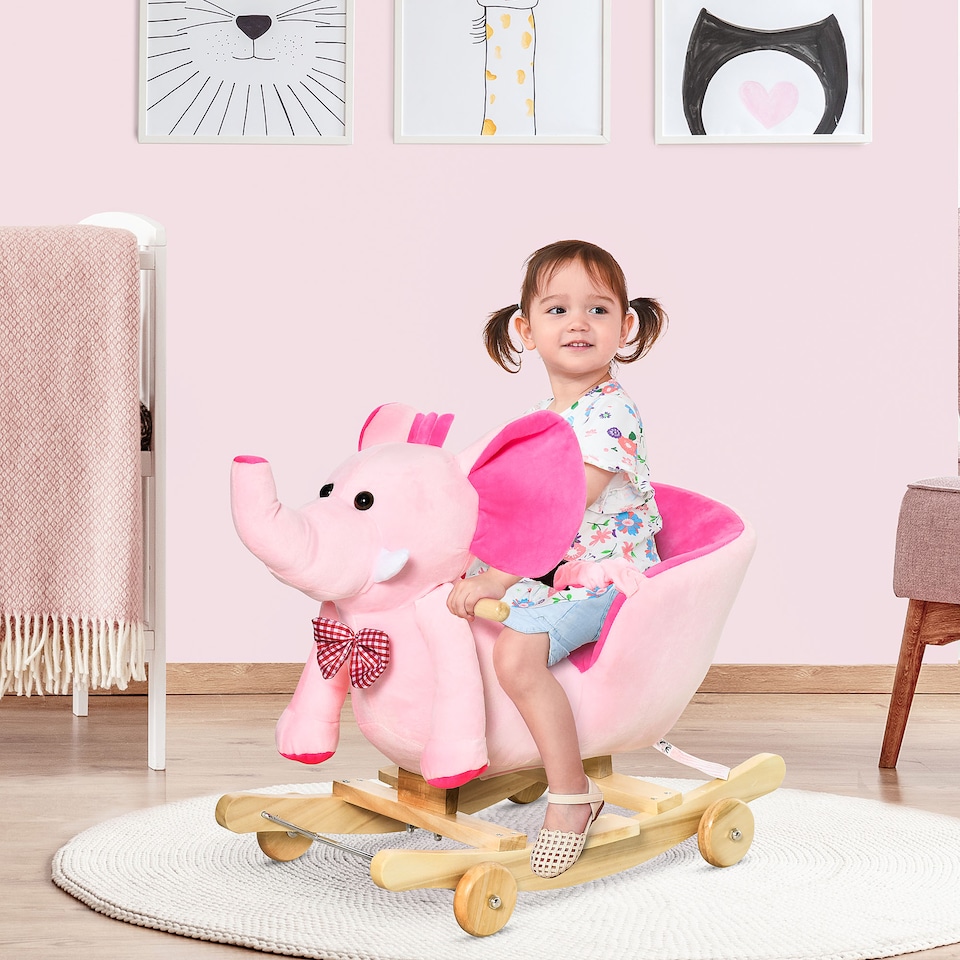 image 1 of HOMCOM 2 In 1 Plush Baby Ride on Rocking Horse Elephant Rocker with Wheels Wooden Toy for Kids 32 Songs for 18 Plus Months (Pink)