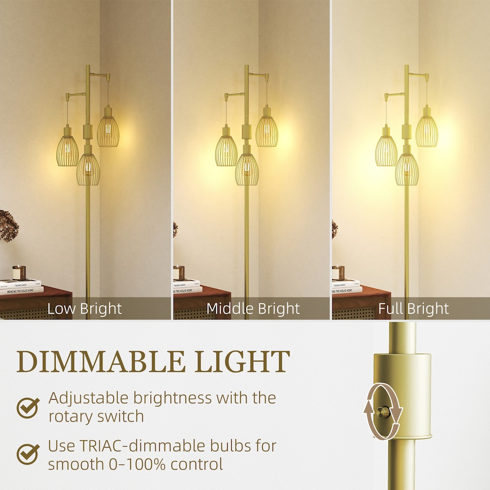 image 1 of HOMCOM 3-Light Floor Lamp, 170cm Industrial Dimmable Standing Lamp with Steel Wire Cage Lampshades for Living Room, Bedroom, Dining Room, Study, Bulb Not Included, Gold Tone | Gold