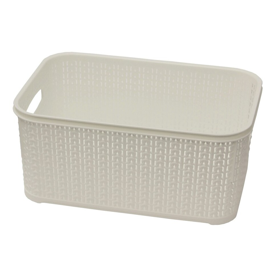 image 1 of JVL Knit Loop Plastic Lidded Rectangular Storage Basket with Handles, 6L - White White