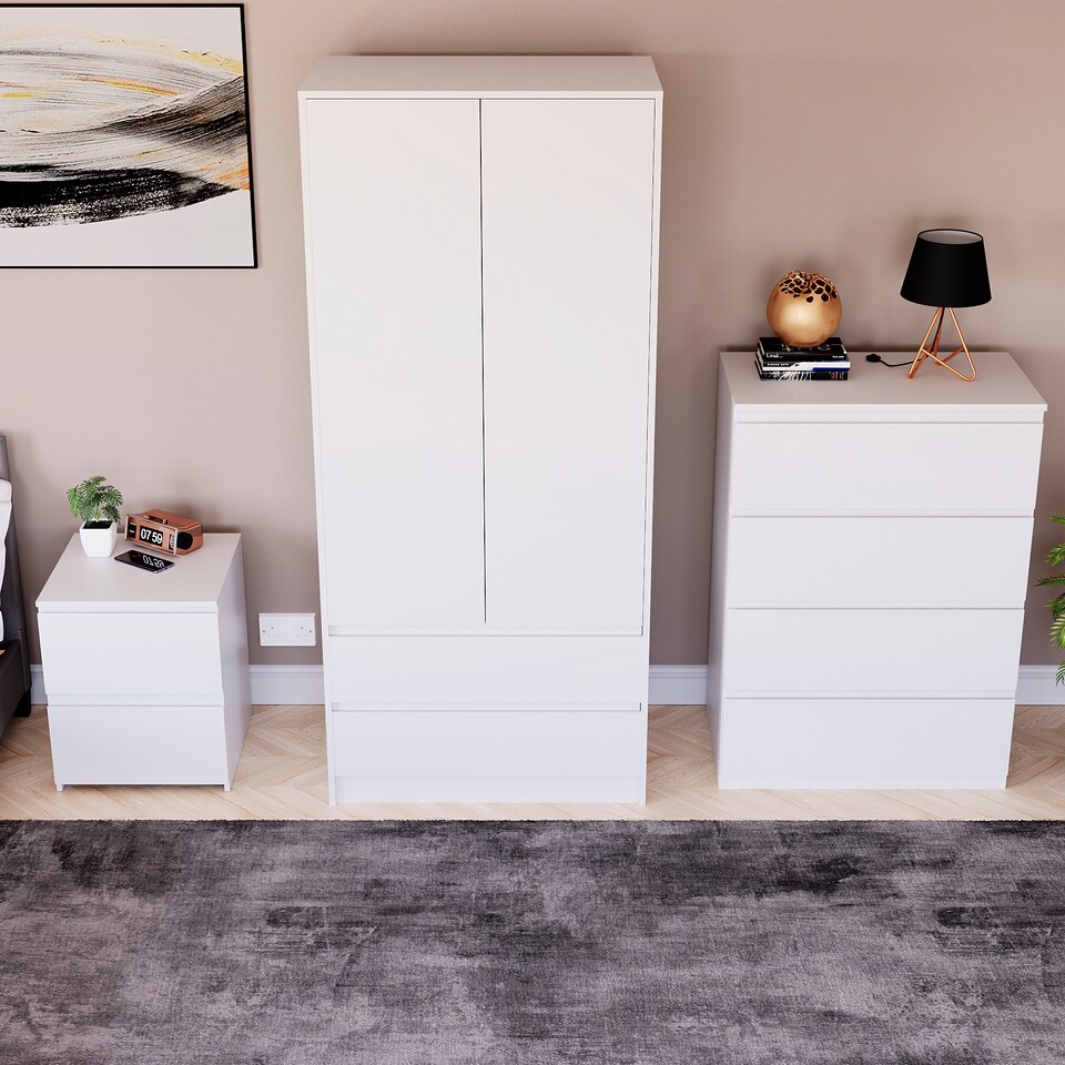 image 1 of Vida Designs Denver 3 Piece Bedroom Set (2 Drawer Large Bedside Chest, 4 Drawer Chest, 2 Door 2 Drawer Wardrobe), White | White | White | L | 3