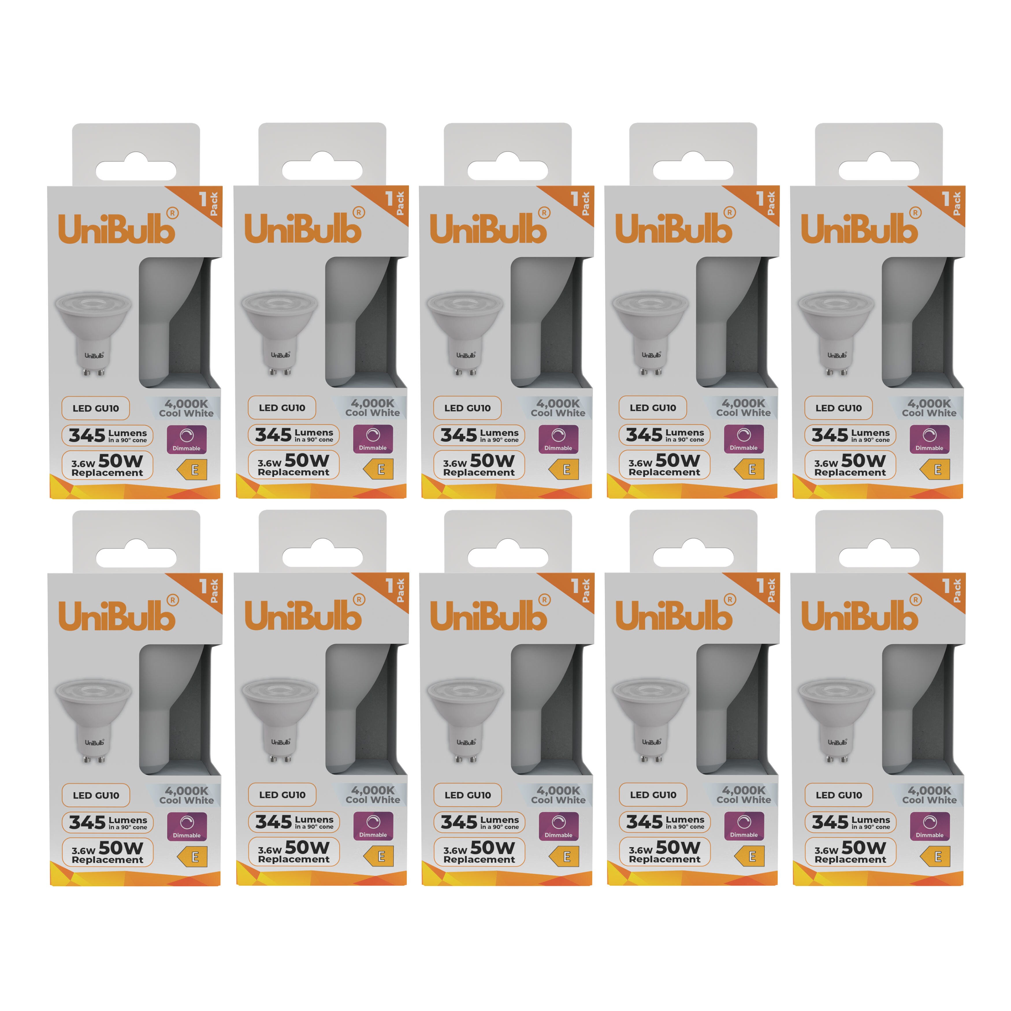 UniBulb LED GU10 345lm 3.6W (Replaces 50W) 3000K (Cool White) Spotlight Downlight Dimmable Light Bulb - Pack of 10