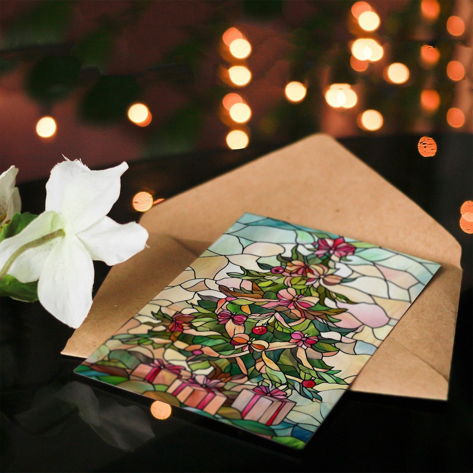 image 1 of Stained Glass Decorated Tree with Presents For Her Woman Xmas Festive Christmas Card
