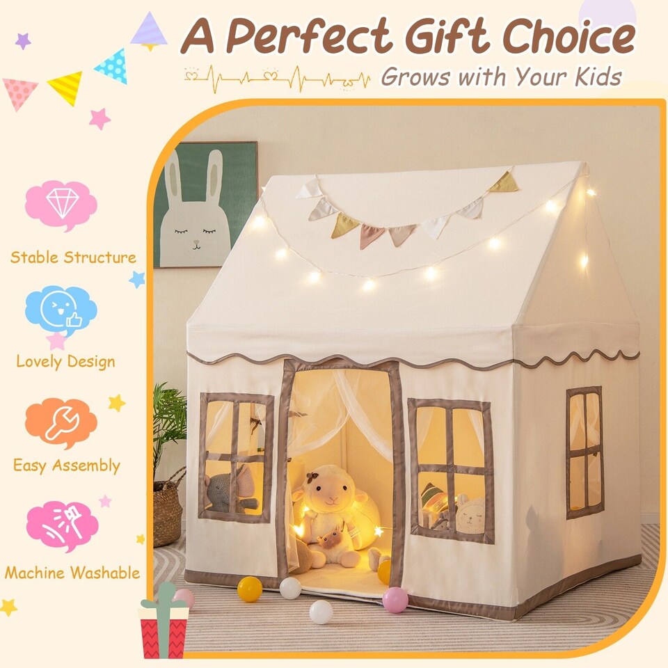 image 1 of COSTWAY Kids Play Tent Indoor Kids Playhouse with Star Lights Brown