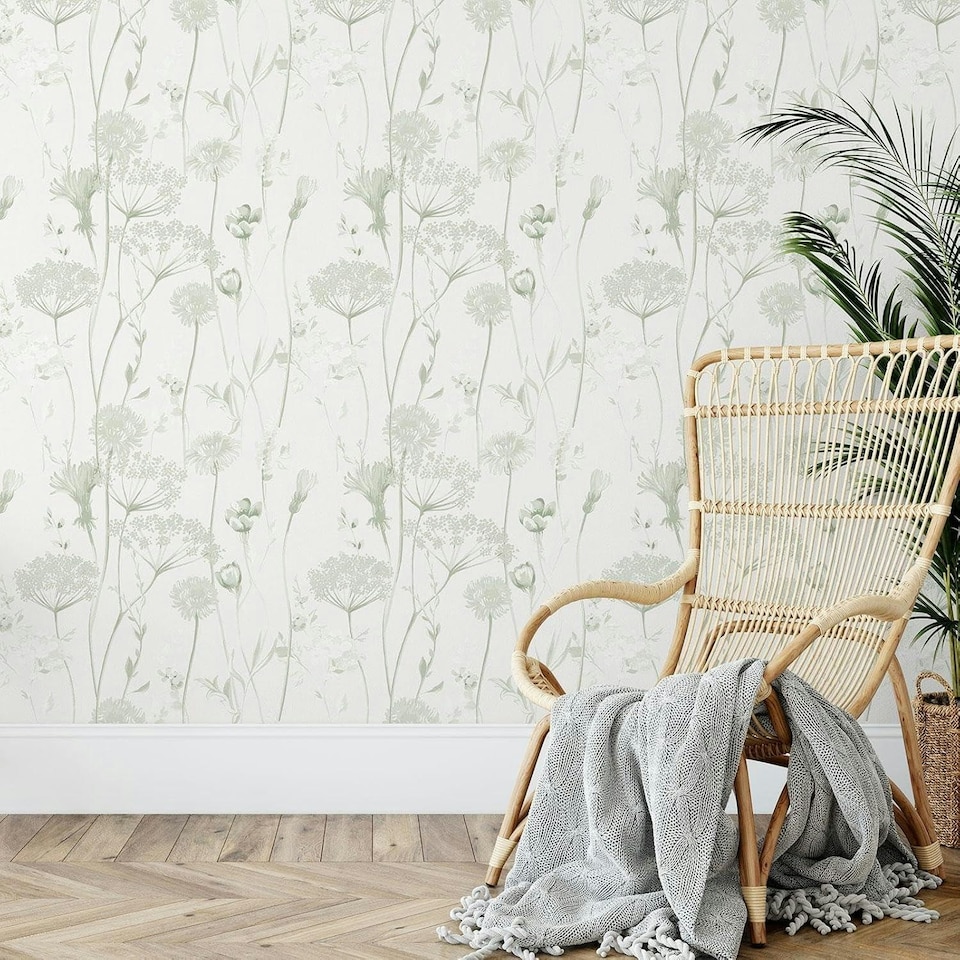 image 1 of Catherine Lansfield Meadowsweet Floral Sage Wallpaper Green | Green