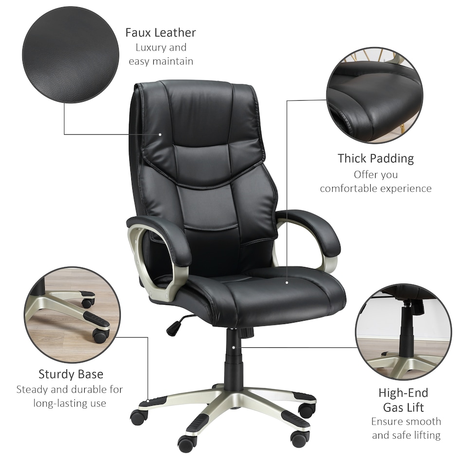 image 1 of HOMCOM High Back Computer Office Chair Faux Leather Swivel Desk Chair with Adjustable Height Rocking Function Black