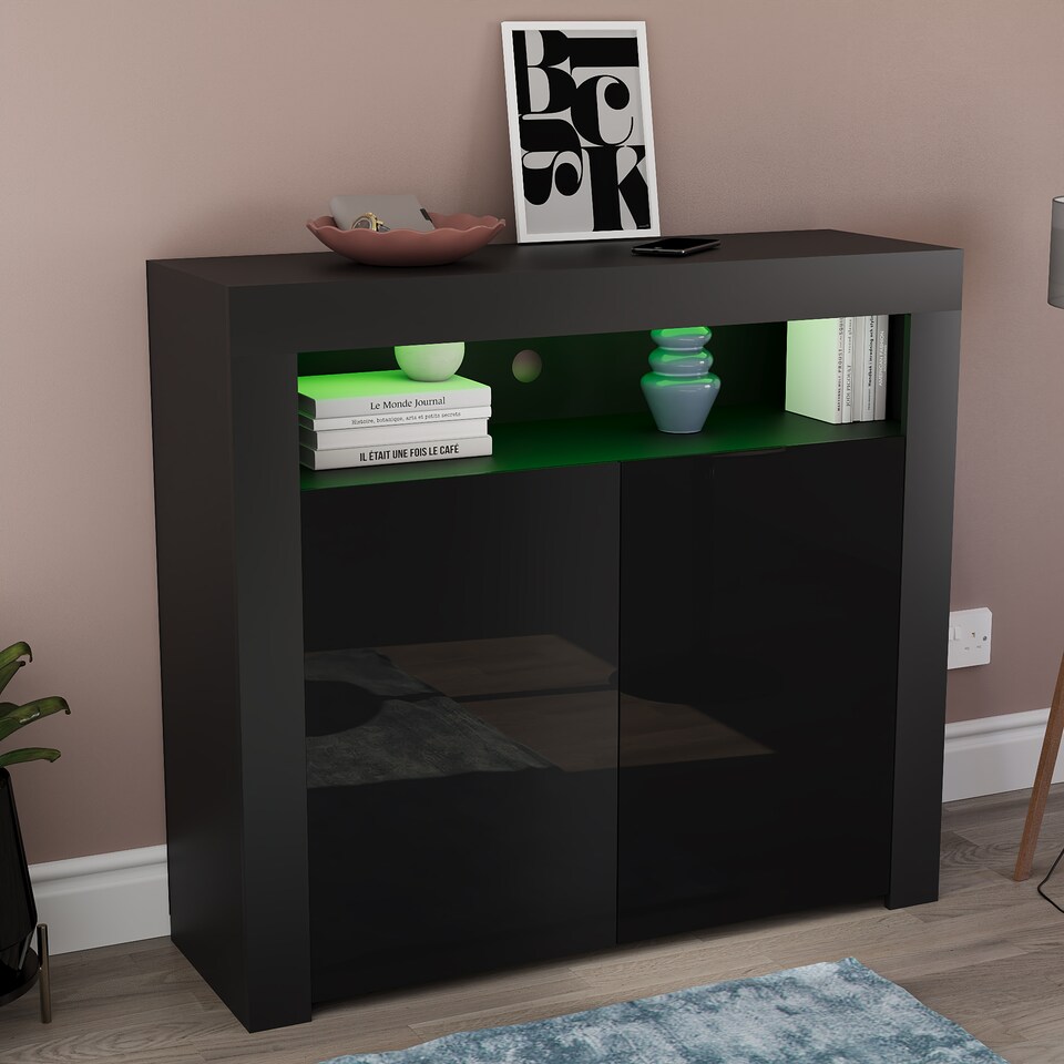 image 1 of Vida Designs Nova 2 Door LED Sideboard Buffet Cabinet Storage - Black | Black | 1