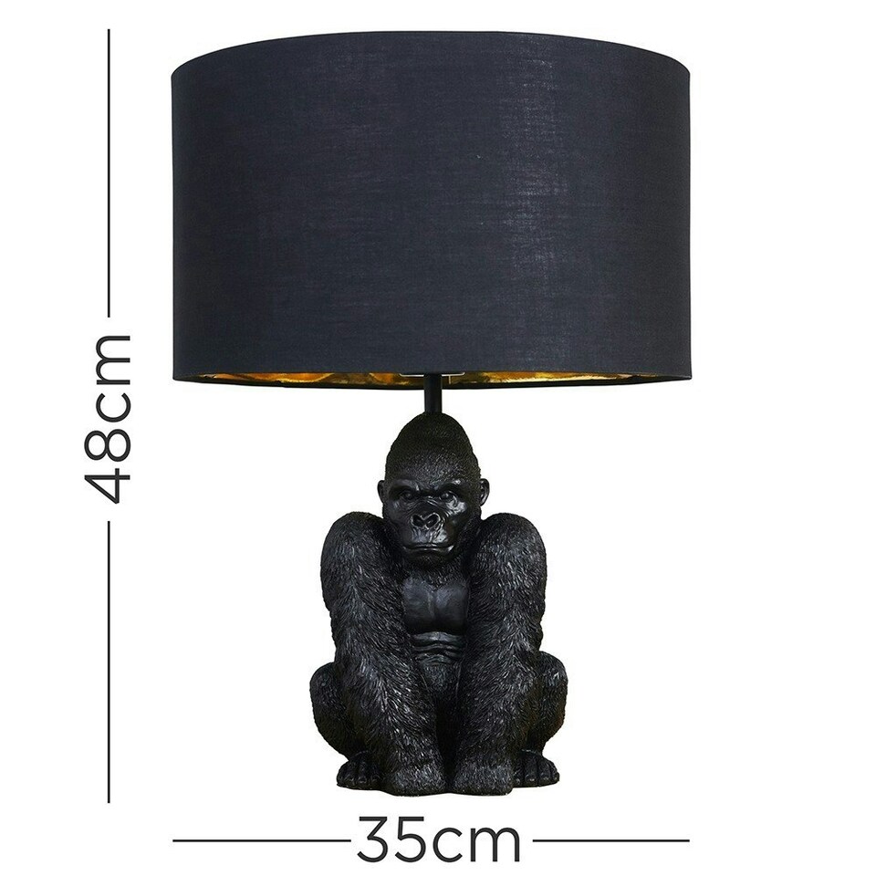 image 1 of ValueLights Modern Matt Black Sitting Gorilla Monkey Table Lamp With Black Gold Drum Shade Black