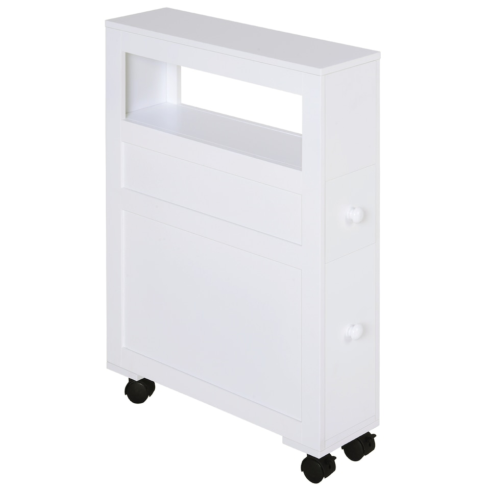 image 1 of HOMCOM 72x16cm Narrow Bathroom Storage Unit w  2 Drawers Open Top 4 Wheels Slimline Modern Rolling Home Organisation | White | White
