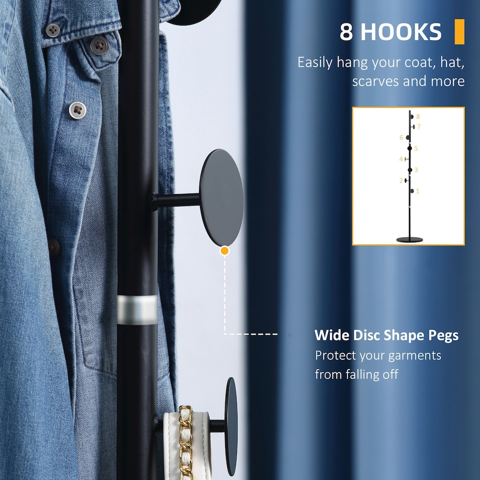 image 1 of HOMCOM Steel Coat Stand Rack Marble Base 8 Hook for Living Room Entryway,Black
