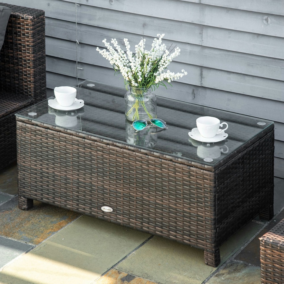 image 1 of Outsunny Garden Rattan Side Table,Wicker Coffee Desk, Glass Top, Mixed Brown