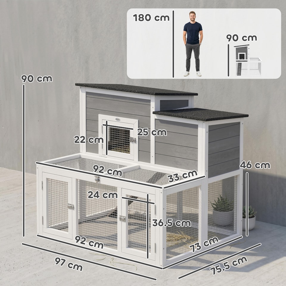 image 1 of PawHut Wooden Rabbit Hutch, Outdoor Bunny Cage with Waterproof Roof | Grey | Grey, Black, White | 97 x 75.5 x 90 cm