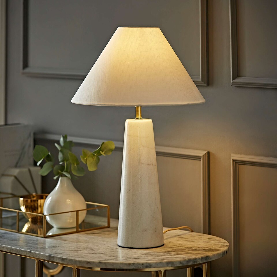 image 1 of ValueLights Margot White Marble Table Lamp with Linen Taper Shade | White
