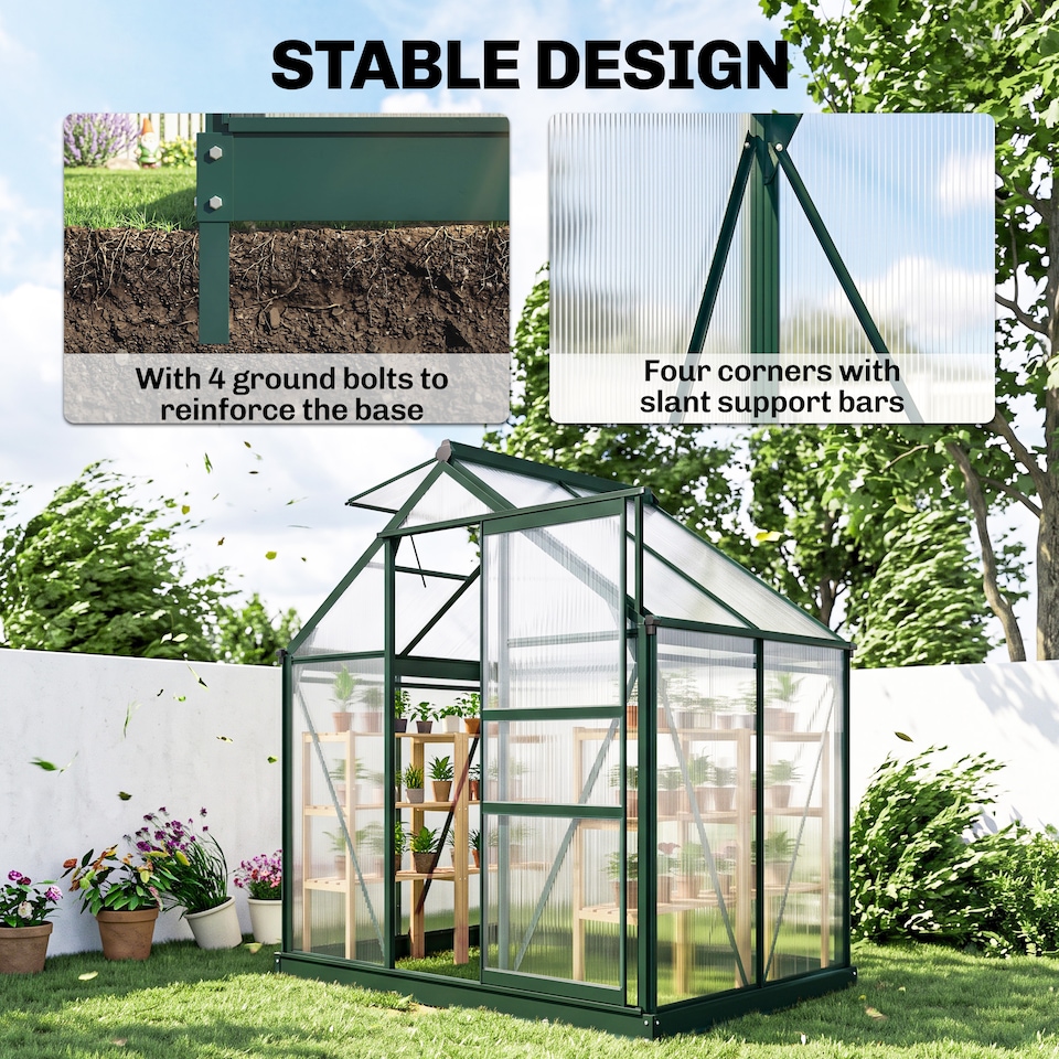 image 1 of Outsunny 6x4ft Walk-In Polycarbonate Greenhouse Plant Grow Galvanized Aluminium | Green