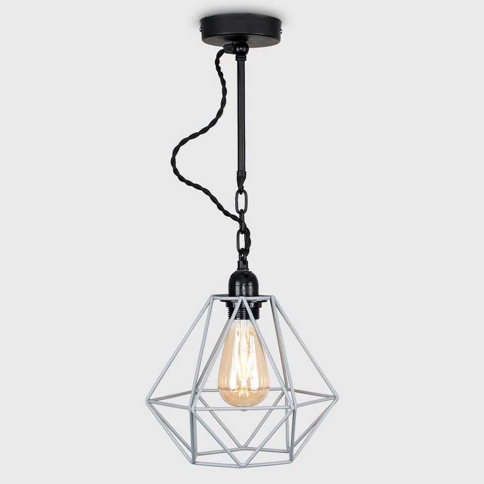 image 1 of ValueLights Huber Black Steampunk Ceiling Light With Grey Wire Pendant Shade | Grey