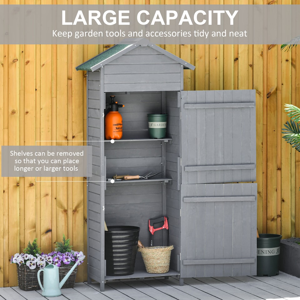 image 1 of Outsunny Wooden Garden Storage Shed Utility Gardener Cabinet w 3 Shelves, Tiltedfelt Roof and Two Lockable Doors, 79cm x 49cm x 191.5cm, Dark Grey