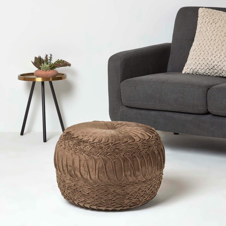 image 1 of Homescapes Sofia Pleated Velvet Chocolate Brown Pouffe