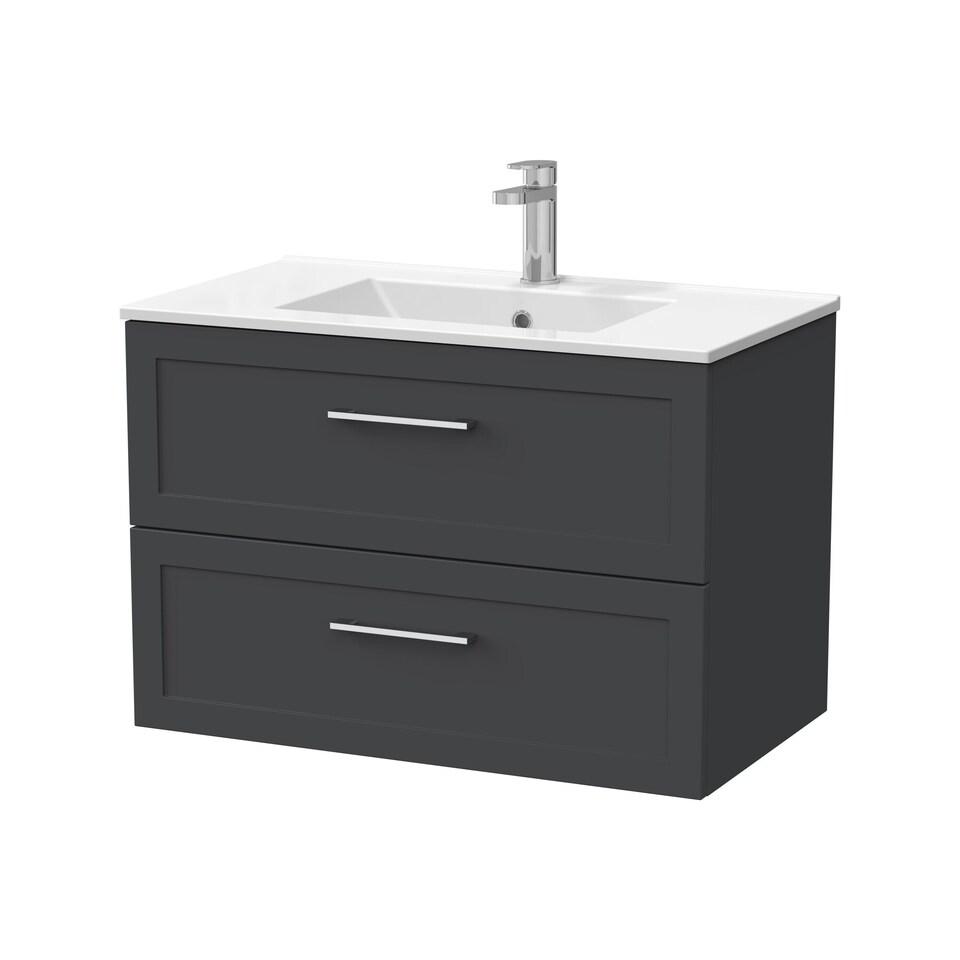 image 1 of Stonnall Traditional Wall Hung 2 Drawers Vanity Unit with Minimalist Ceramic Basin, 800mm, Dark Grey
