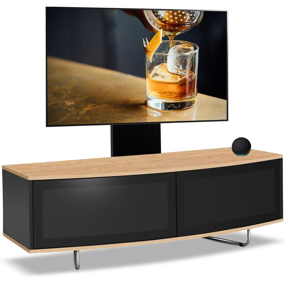 image 1 of Centurion Supports Caru Black Oak Beam-Thru Remote Friendly Super-Contemporary D Shape Design 32"-65" LED/OLED/LCD TV Cabinet with Mounting Arm Black | Oak