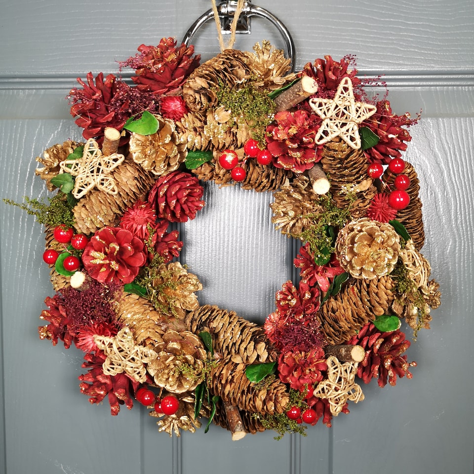 image 1 of 36cm Christmas Wreath in Gold & Red with Pine Cones and Berries