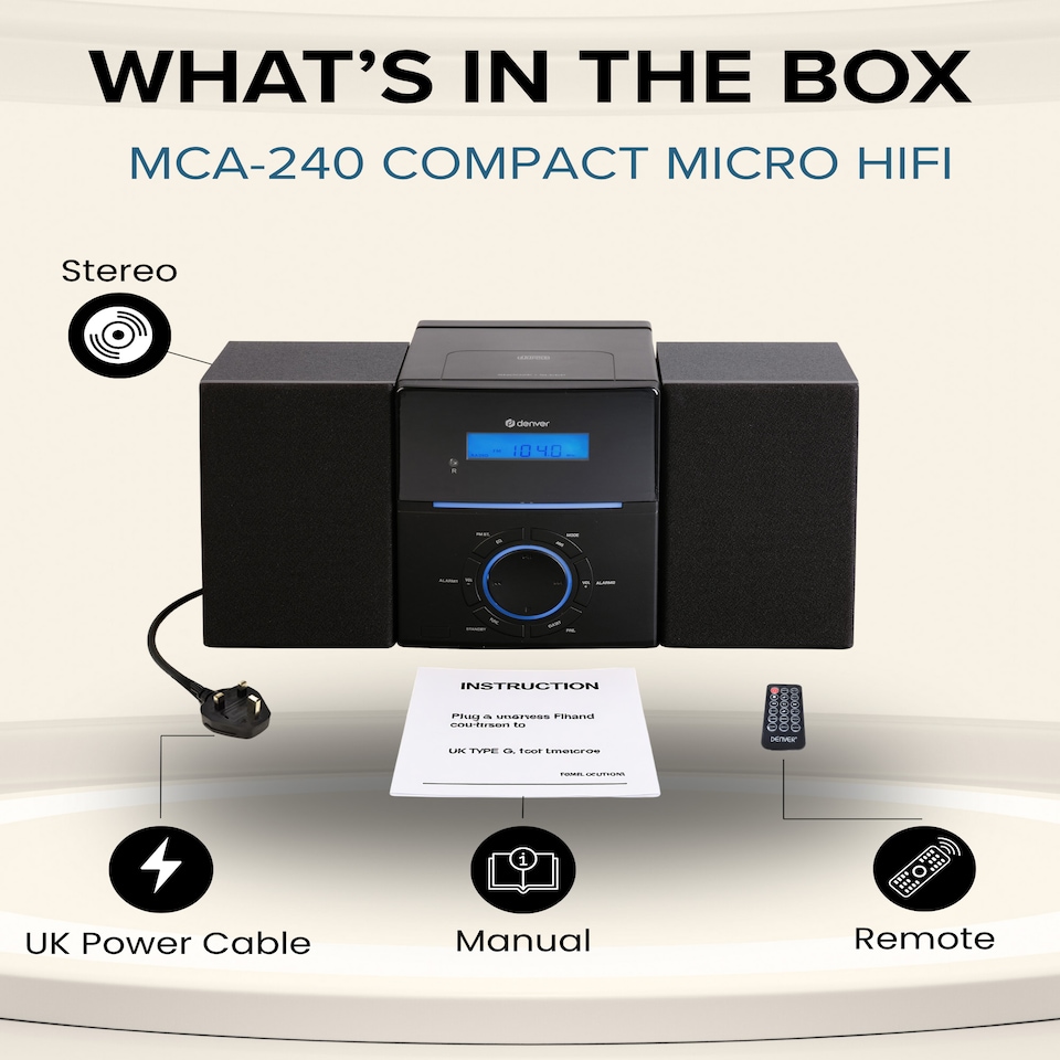 image 1 of Denver Compact HiFi System with CD Player, FM Radio & Alarm - MCA-240