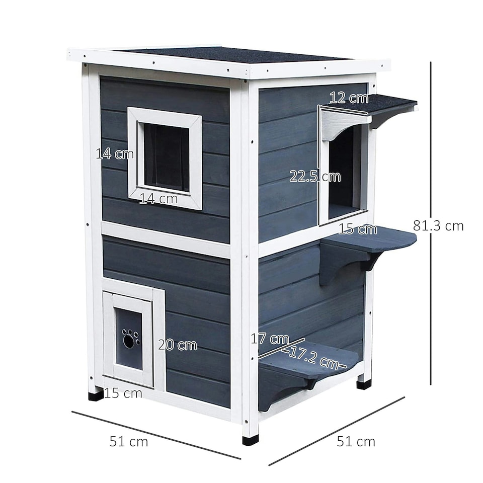 image 1 of PawHut Wood 2-Floor Cat Condo Pet House Kitten Shelter with Window - Gray