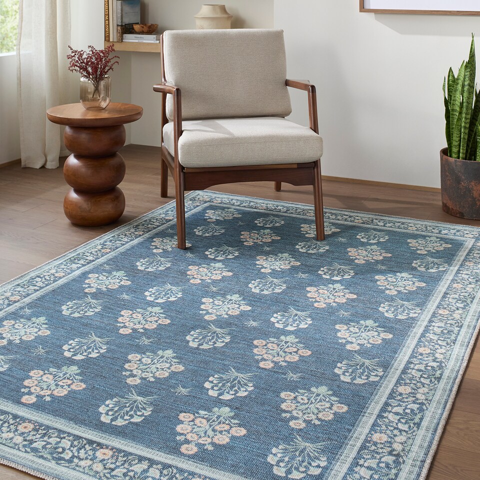image 1 of LIVABLISS Thistle-Washable Modern Floral Rug 200 x 275 cm | Blue Green Beige