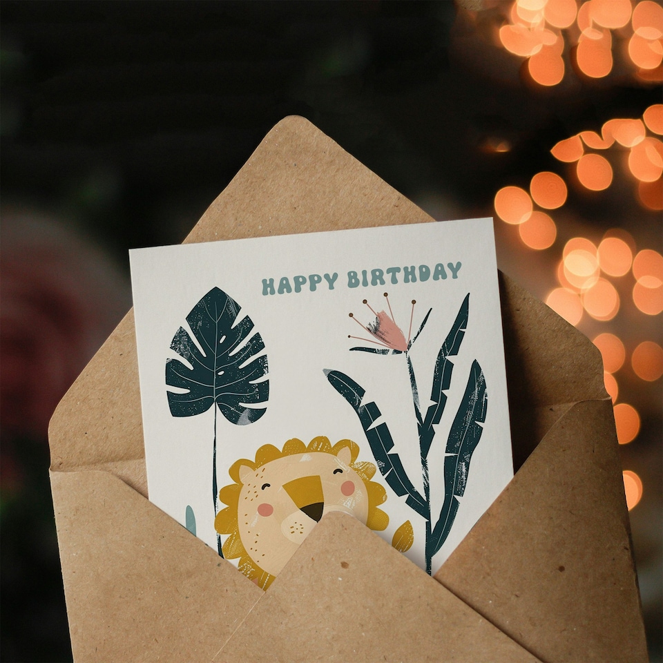 image 1 of Cute Jungle Flowers Kids Girl Boy Lion Child Kids Birthday Card