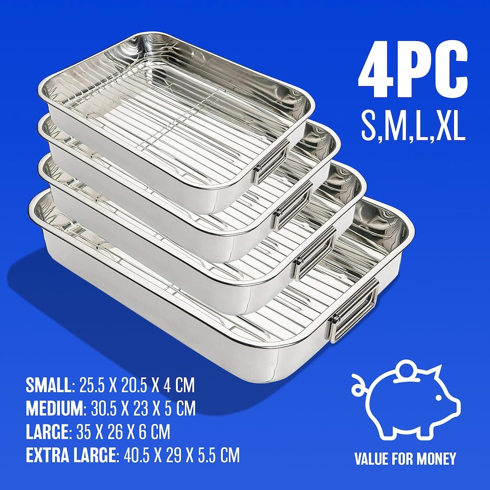 image 1 of Set Of 4 Roasting Trays Stainless Steel Oven Pan Dish Bake Roast Grill