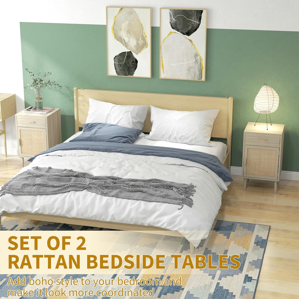 image 1 of HOMCOM Bedside Tables Set of 2 with Drawer Cabinet Adjustable Shelf Natural