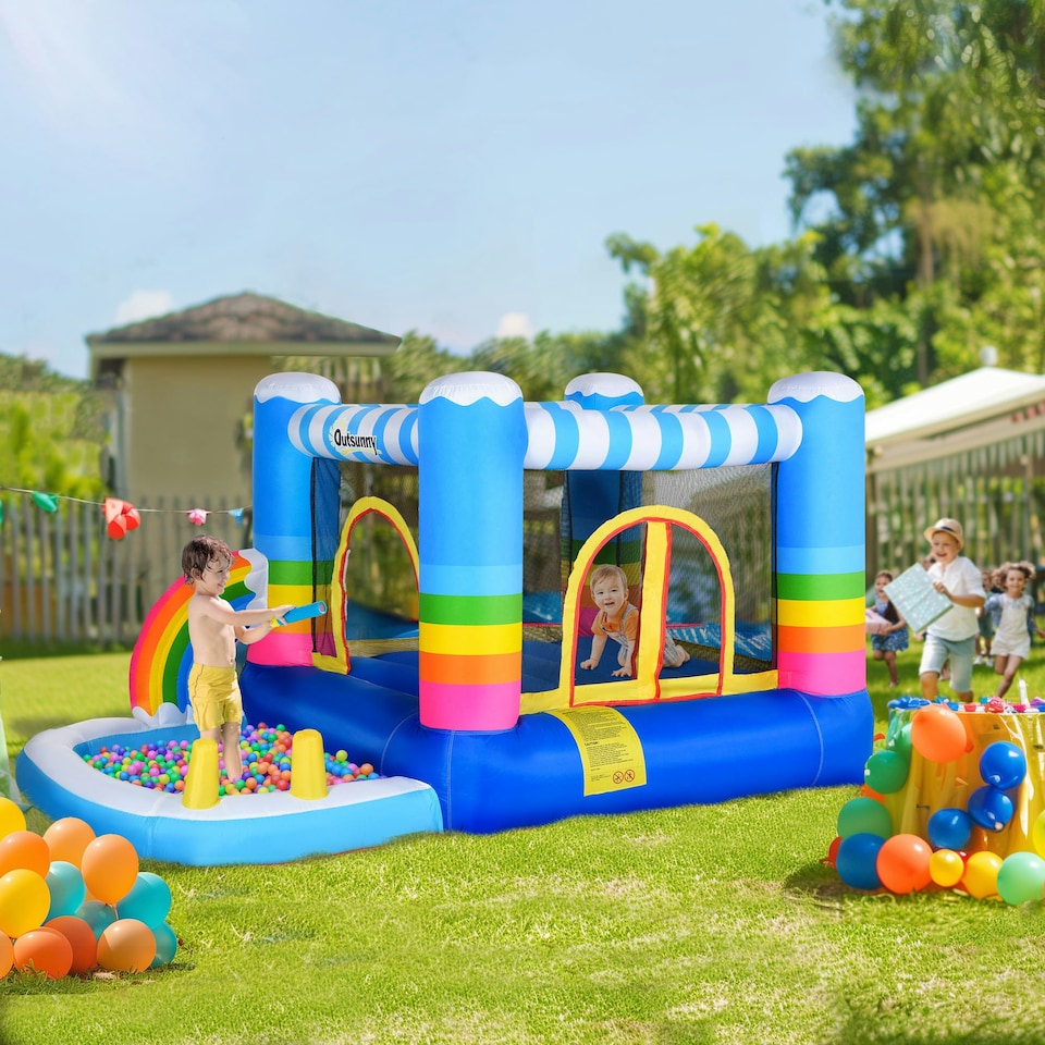 image 1 of Outsunny Kids Bouncy Castle with Pool Outdoor Trampoline W/ Net Blower 3-8 Yrs