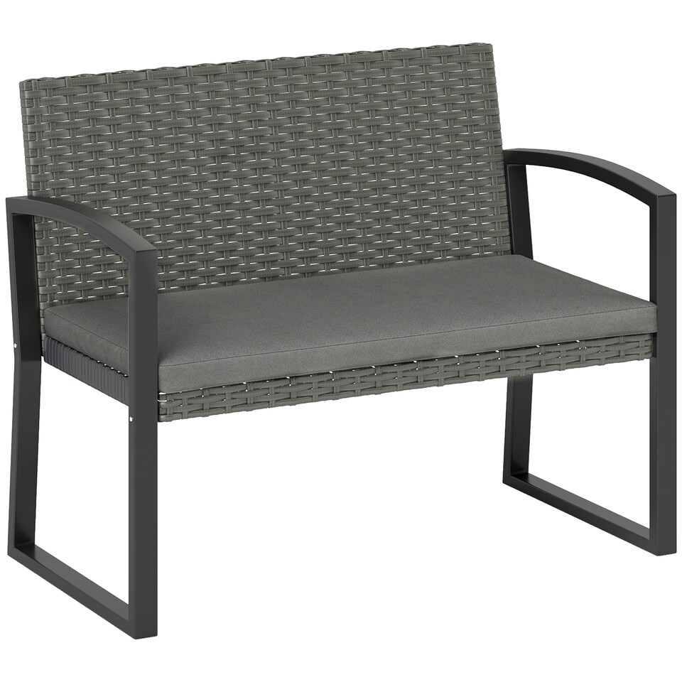 image 1 of Outsunny 2 Seater Rattan Garden Bench with Cushion, Steel Frame, Light Grey