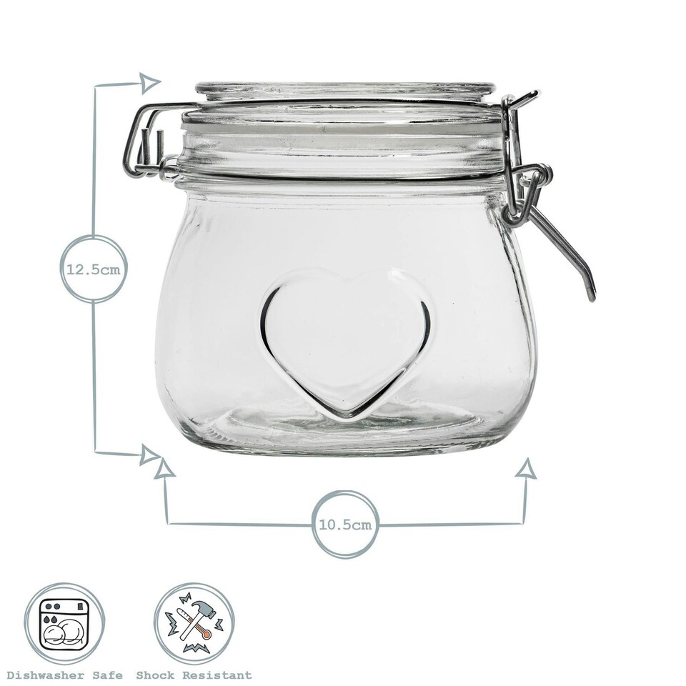 image 1 of Nicola Spring Heart Glass Storage Jars - 500ml - Clear Seal - Pack of 6