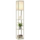 image 1 of HOMCOM Modern Floor Lamp Light with 3 Shelves Fabric Lampshade Oak Yellow