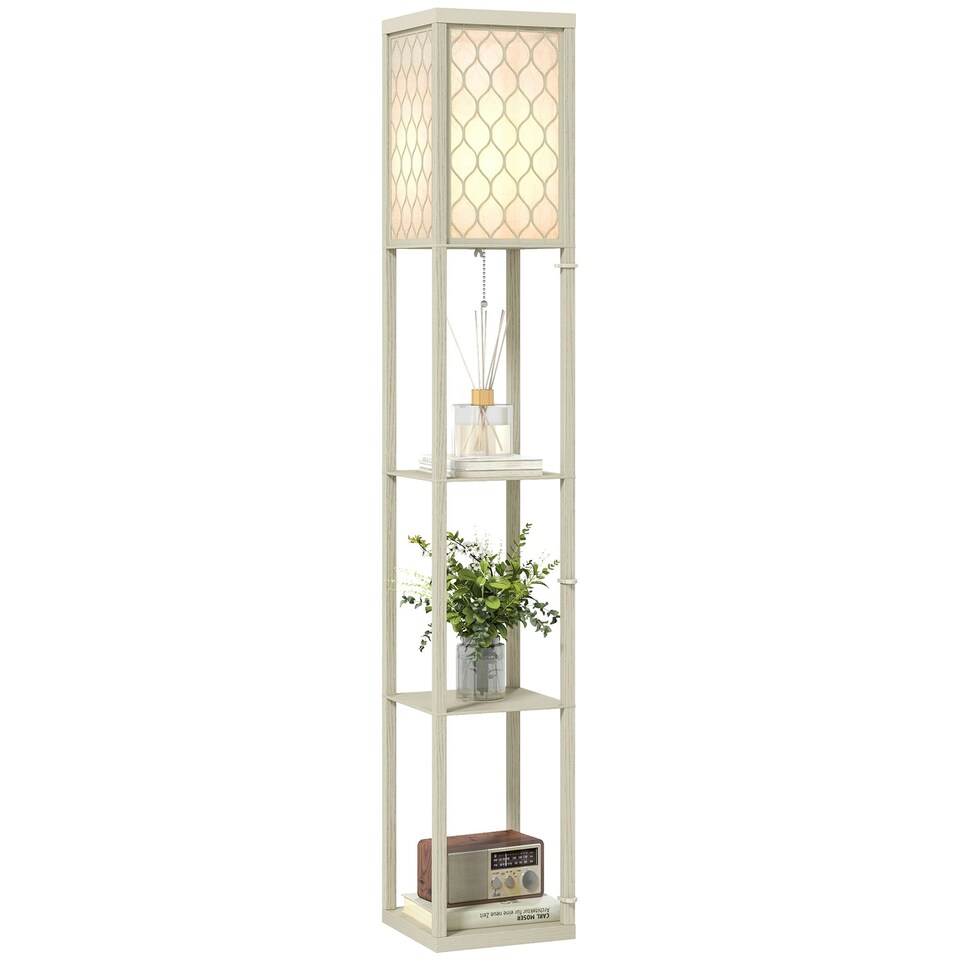image 1 of HOMCOM Modern Floor Lamp Light with 3 Shelves Fabric Lampshade Oak Yellow