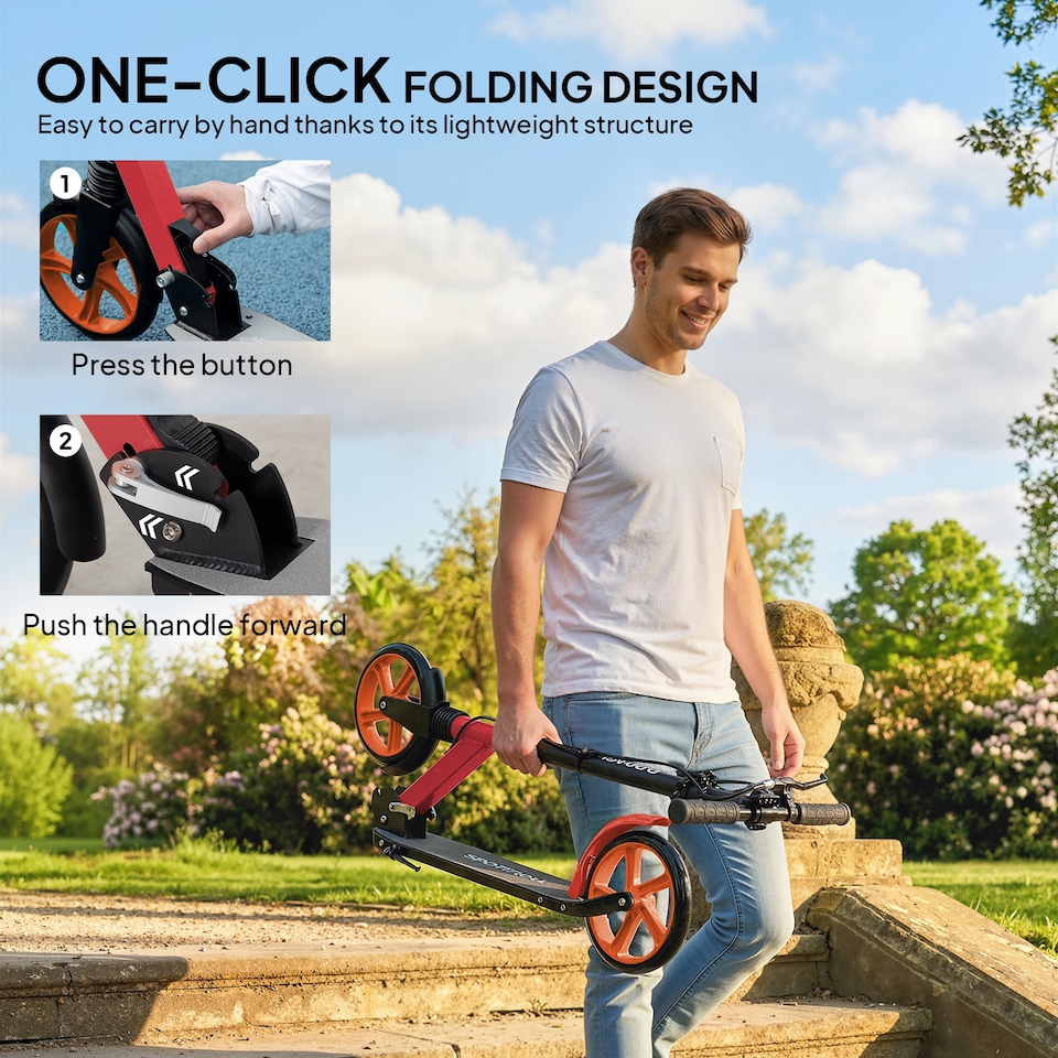 image 1 of HOMCOM Folding Kick Scooter for 14+ w/ Adjustable Height | Red | Red and Black | 91.5L x 36.5W x 91-104H cm