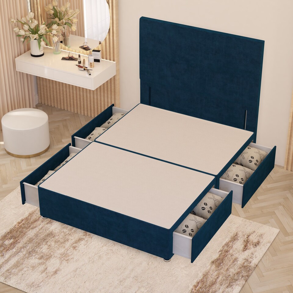 image 1 of Divan Bed Base with 4 Drawers & Plain Floor Standing Headboard Plush Velvet | Blue | Navy