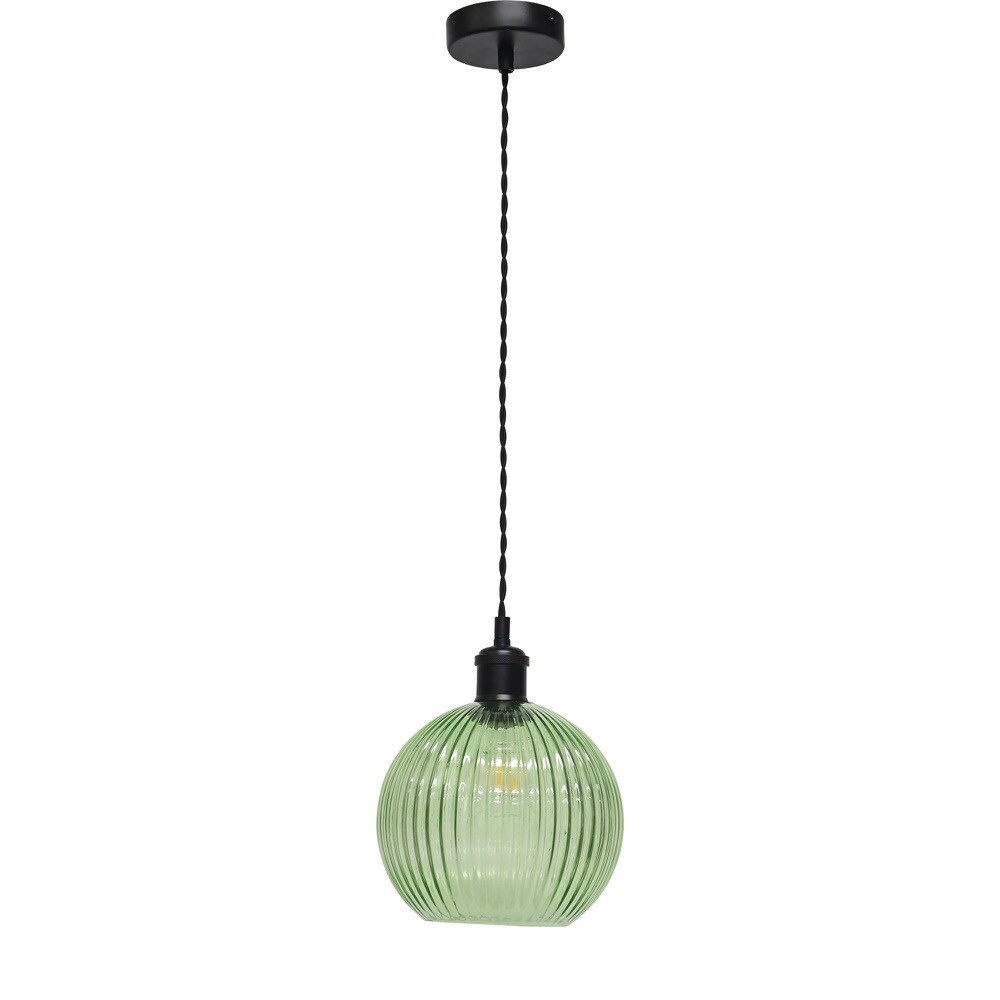 First Choice Lighting Betchley - Green Ribbed Glass Globe Black Retro Pendant Fitting