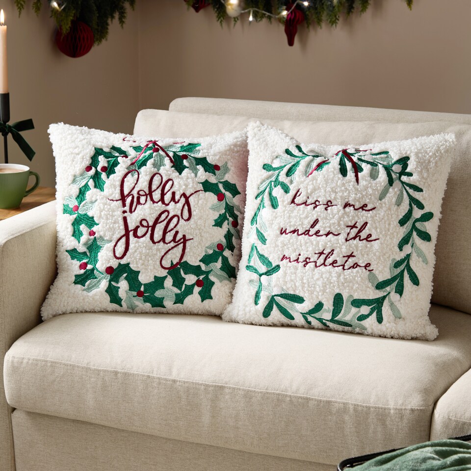image 1 of Furn Mistletoe Wreath Embroidered Cushion | Multi | Multicolour