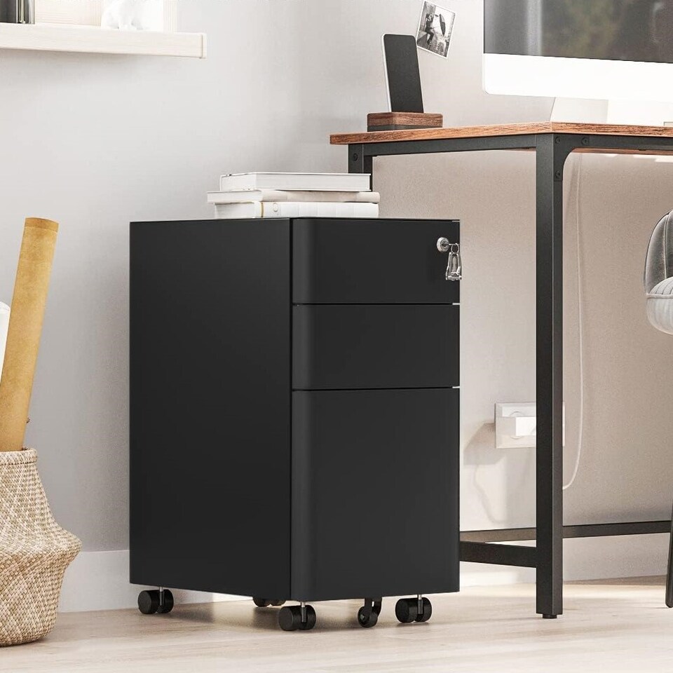 image 1 of Lockable Mobile File Cabinet with Wheels, Pre-Assembled Office Storage for Hanging Documents, Black