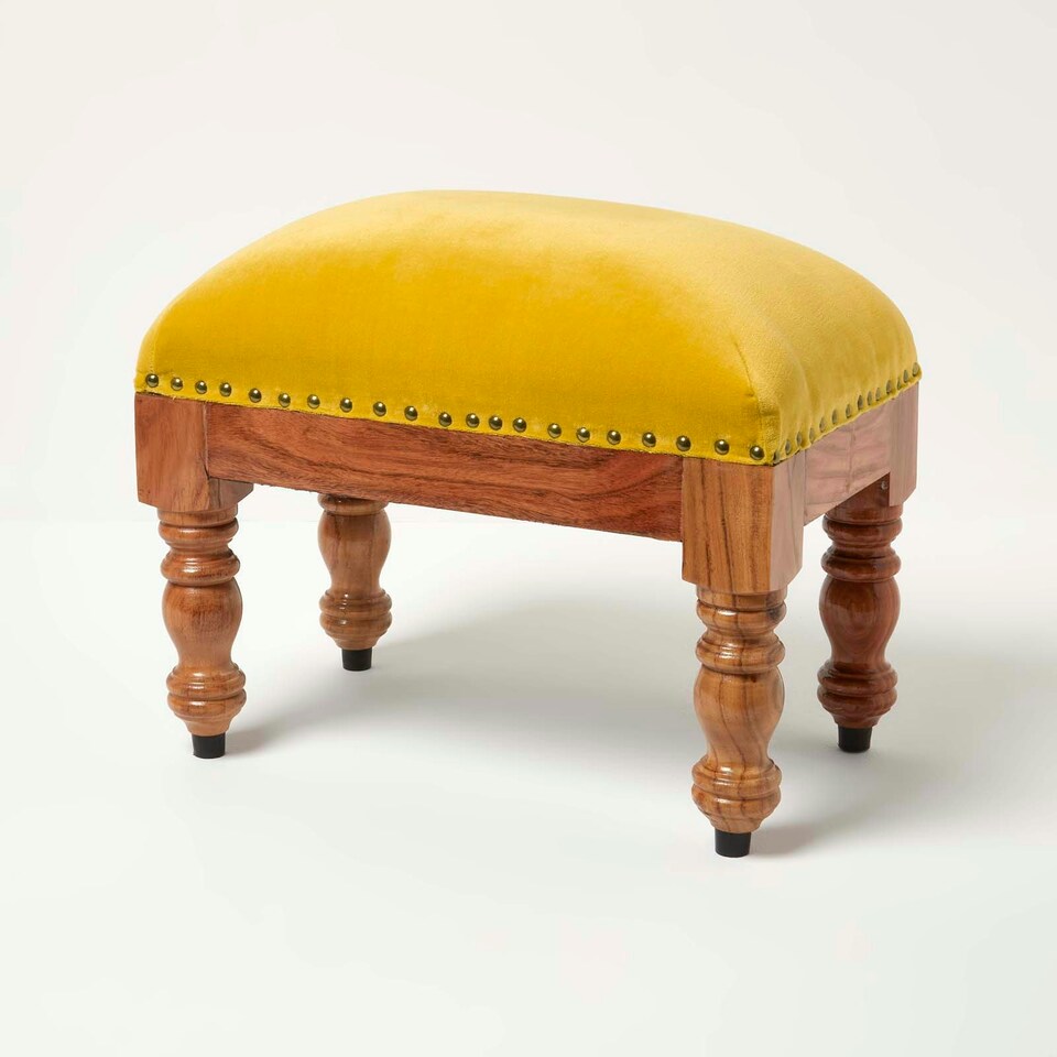 image 1 of Homescapes Mable Mustard Yellow Velvet Rectangular Footstool
