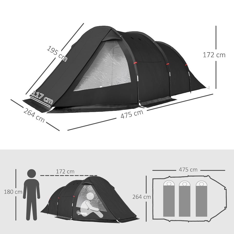 image 1 of Outsunny 3-4 Persons Tunnel Tent, Two Room Camping Tent with Windows, Black