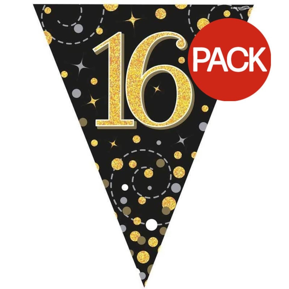 Oaktree Fizz Sparkling 16th Birthday Flag (Pack of 11) - Black/Gold - One Size