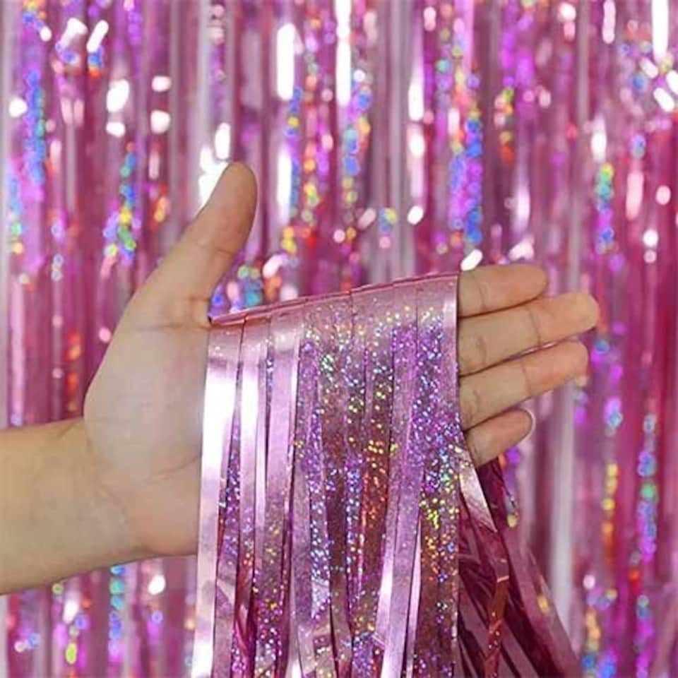 image 1 of Holographic Pink Foil Door Curtain Backdrop 1.9m x 99cm