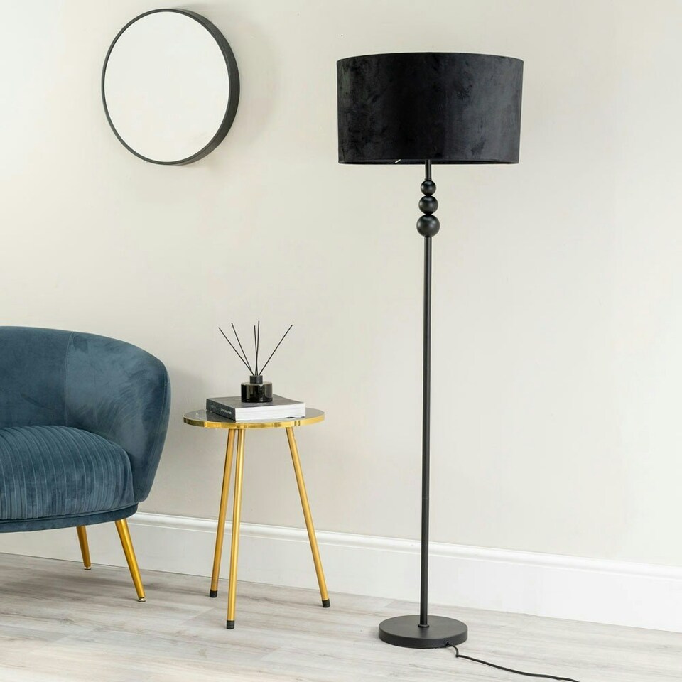 image 1 of ValueLights Marissa Black Velvet Drum Shade with Black Stacked Ball Floor Lamp