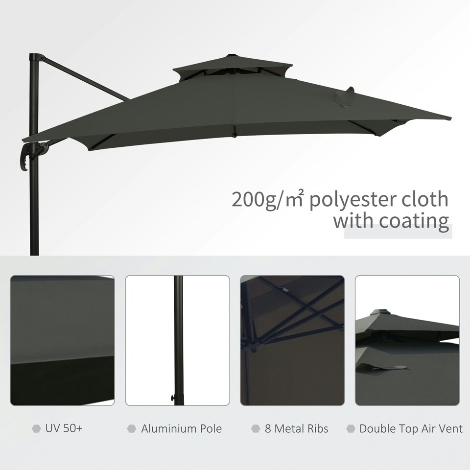 image 1 of Outsunny 360° Cantilever Parasol Roma Umbrella w/ Base Weights, Dark Grey