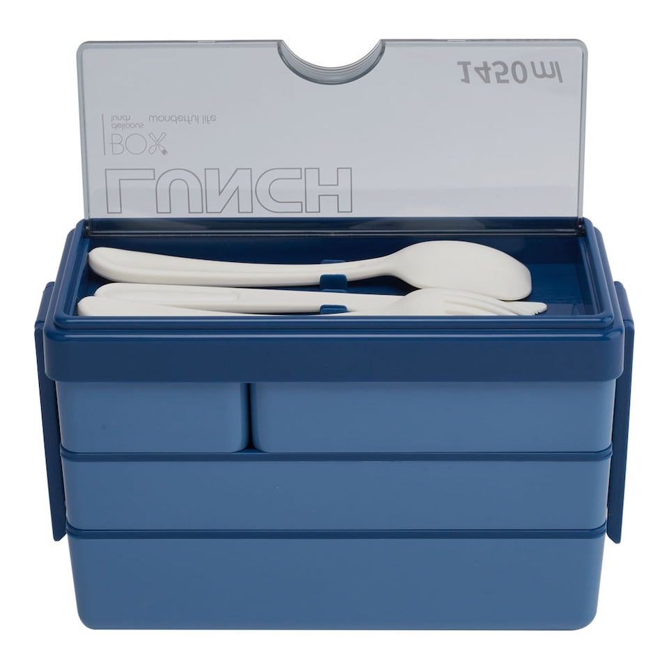 image 1 of Living and Home 3-Layer Bento-Style Plastic Lunch Box with Cutlery,Blue | Blue